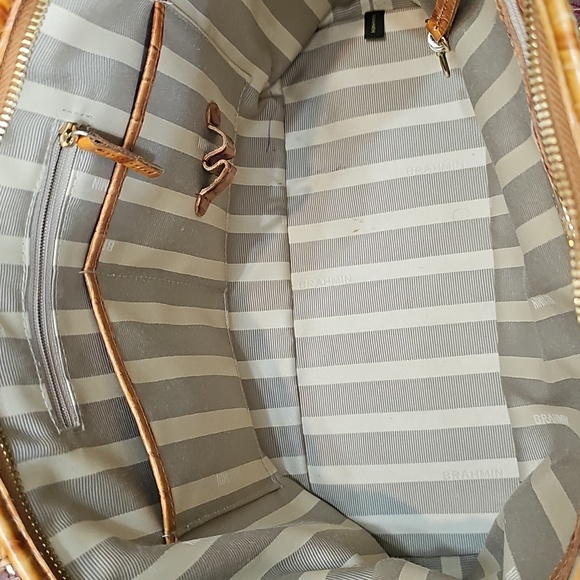 Brahmin Mini Asher Whiskey Stripe Raffia Tan and Cream Leather Tote Bag - Picture 12 of 14